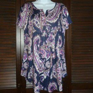 Dotin Navy, Purple, White & Pink Paisley Top, Short Sleeve, Round Hem, Loose, M